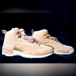 NWOT Retro Air Jordan 12’s in tan suede with white rubber sole and gold accents.